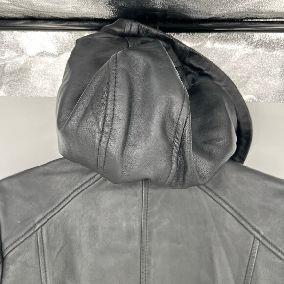First Classics Black Leather Quilted Hooded Biker Jacket - Picture 8 of 10